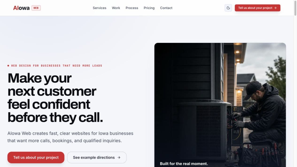 Actual AIowa Web homepage with its website design service and HVAC business imagery