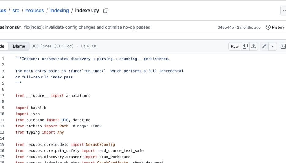Actual NexusOS Python source on GitHub, showing the file tree and indexing implementation
