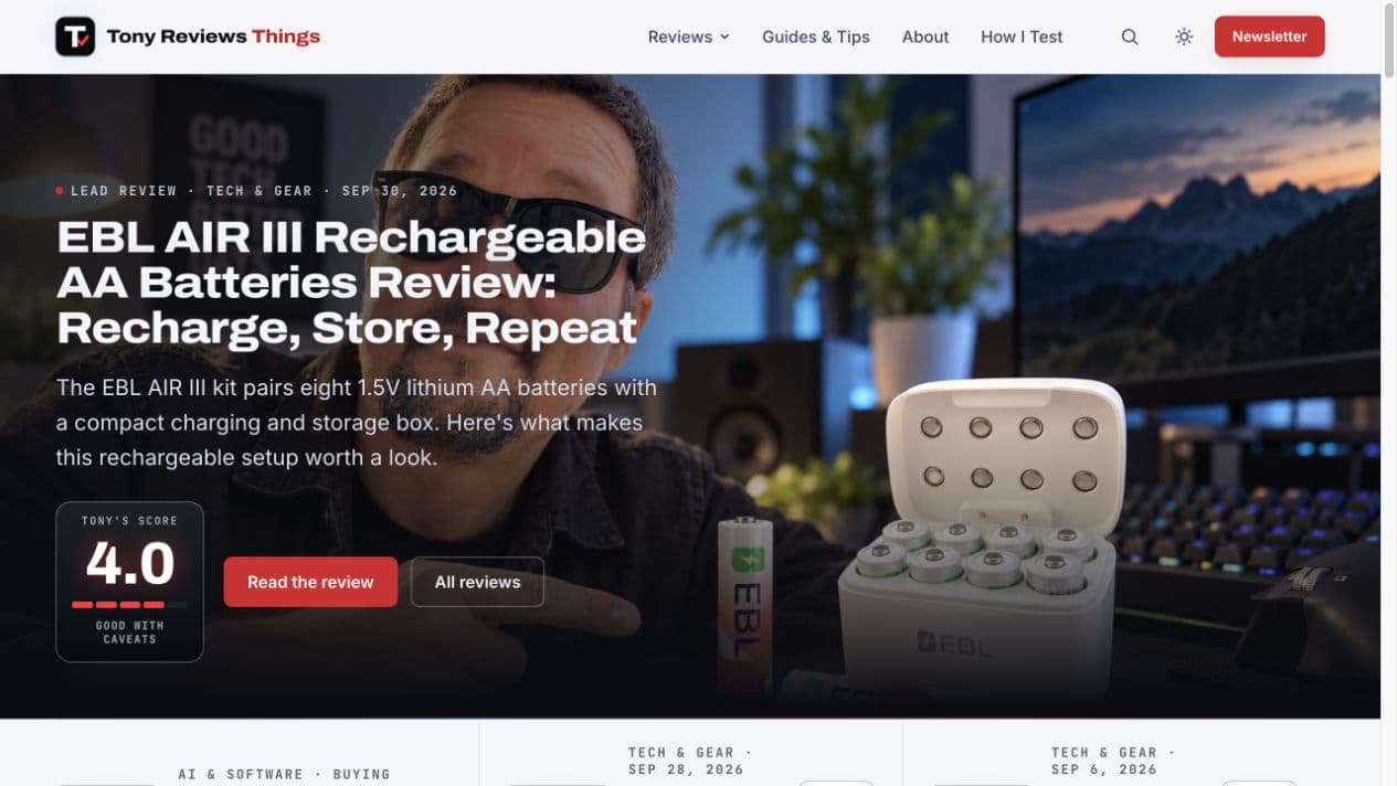 Actual Tony Reviews Things homepage featuring Tony's EBL rechargeable battery review